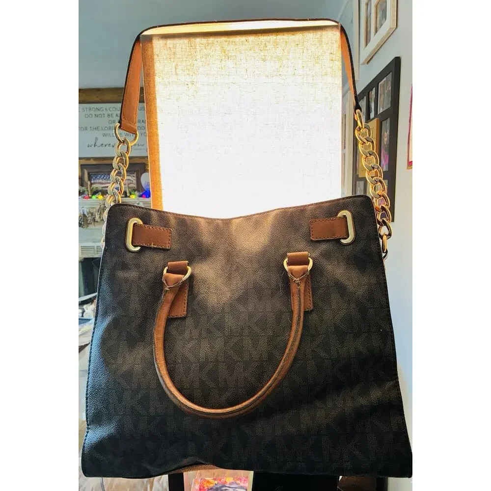 Vtg Michael Kors Hamilton Signature Logo Legacy Coated Leather Handles Satchel